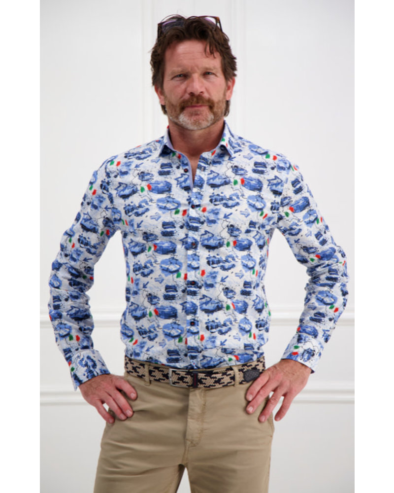 A FISH NAMED FRED Modern Fit Blue Mille Miglia Map Shirt
