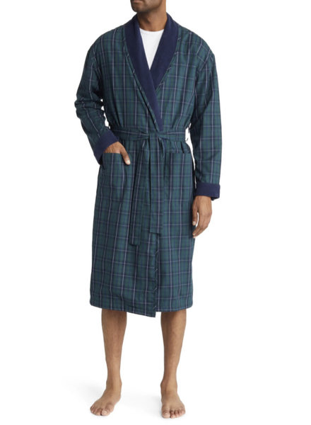 MAJESTIC Navy Green Terry Lined Plaid Robe