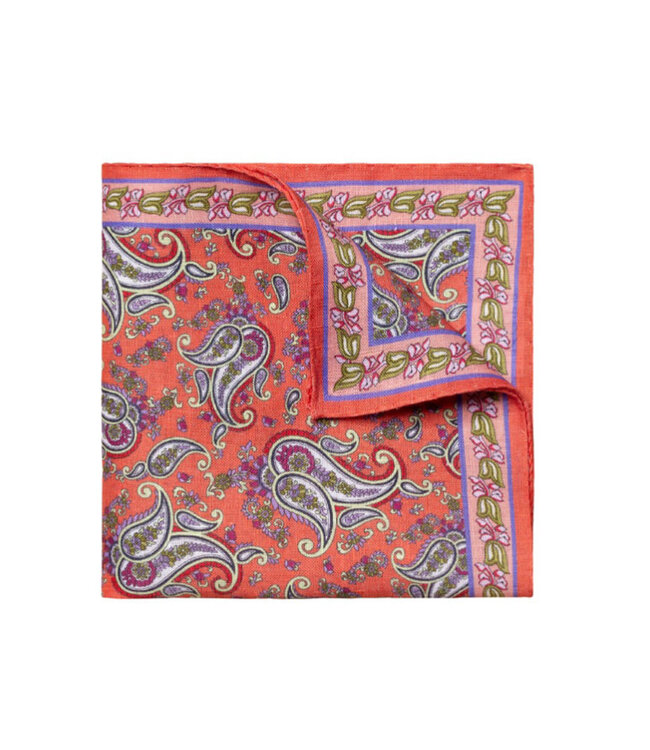 Coral Paisley Linen Pocket Square