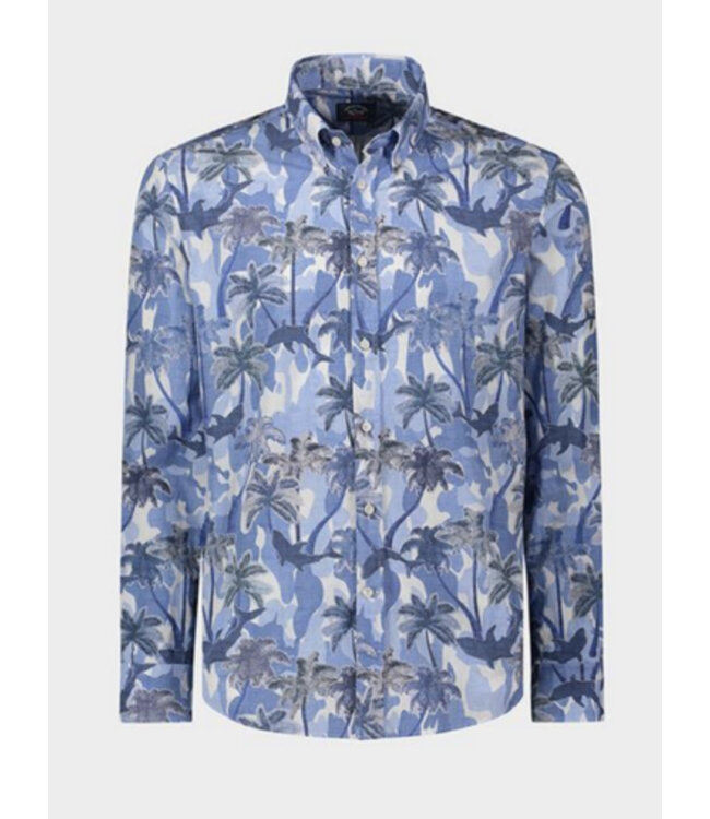 Modern Fit Blue Shark Palm Tree Shirt