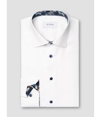 ETON Slim Fit White Dobby Shirt with Navy Trim