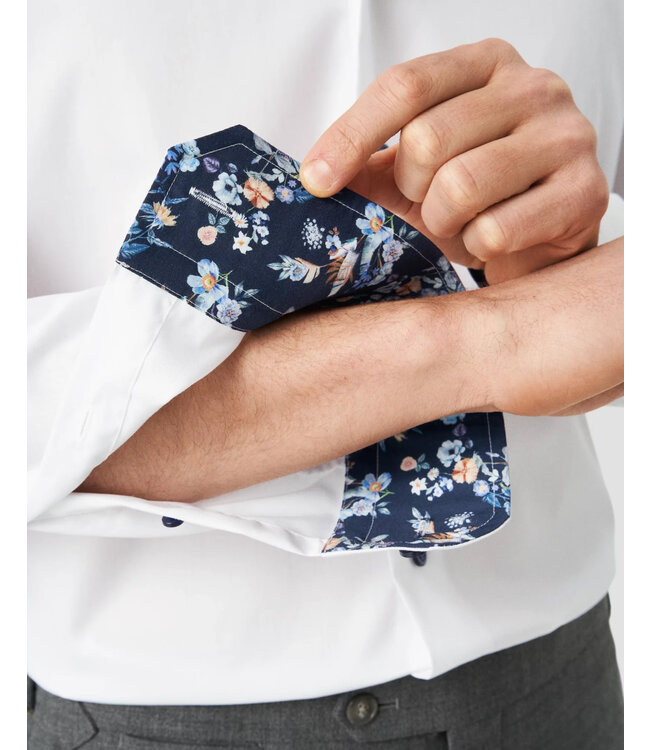 Slim Fit White Dobby Shirt with Navy Trim