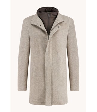 A FISH NAMED FRED Tan Herringbone Funnel Neck Overcoat
