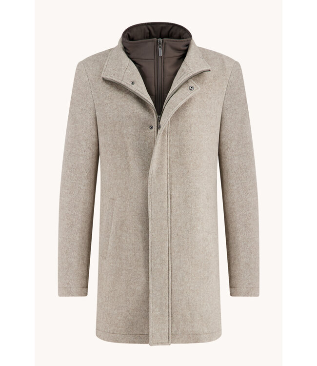 Tan Herringbone Funnel Neck Overcoat