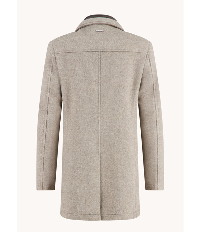 Tan Herringbone Funnel Neck Overcoat