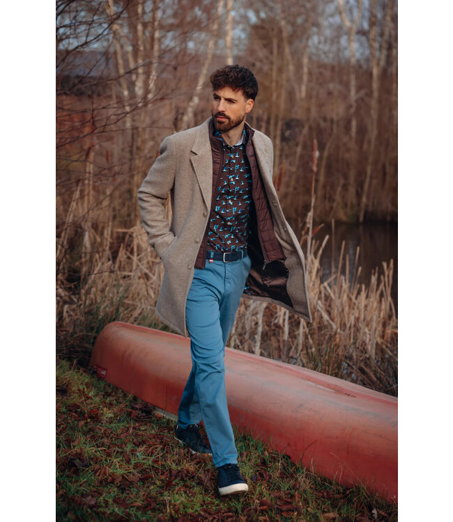 Tan Herringbone Funnel Neck Overcoat