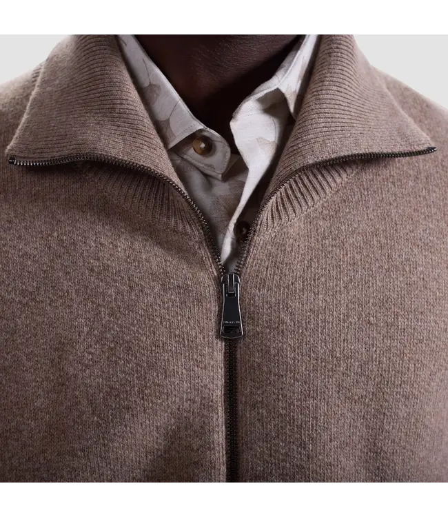 Cobblestone Tan Herringbone Full Zip Sweater