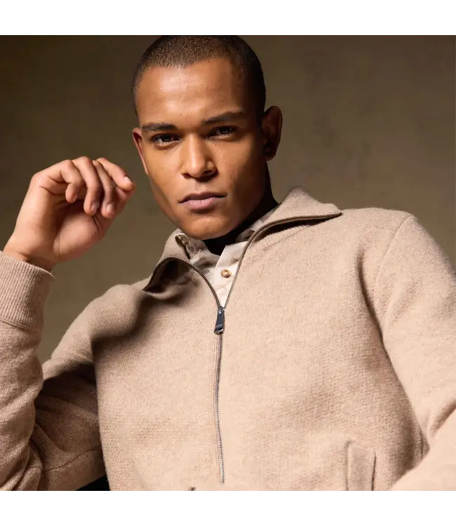 Cobblestone Tan Herringbone Full Zip Sweater
