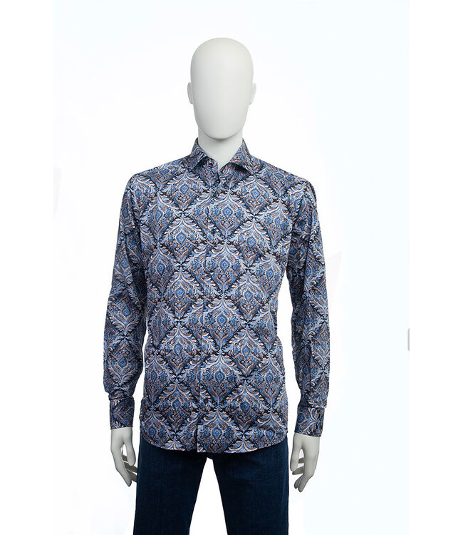 Modern Fit Tan Blue Print Shirt