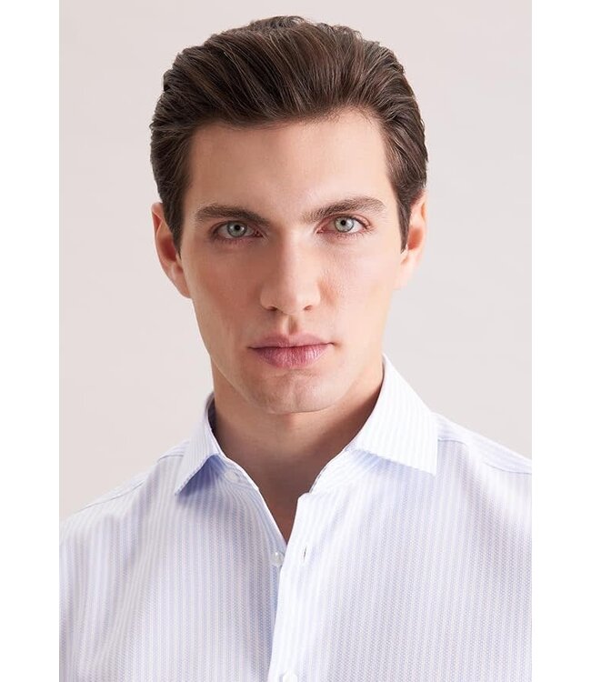 Modern Fit Mid Blue Striped Dress Shirt