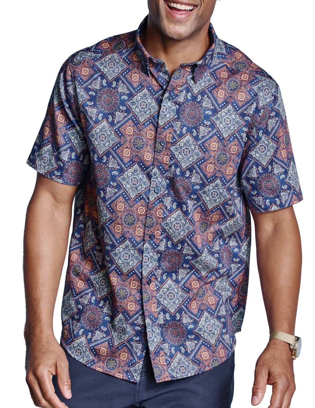 Classic Fit Navy Orange Print Shirt - Benjamin