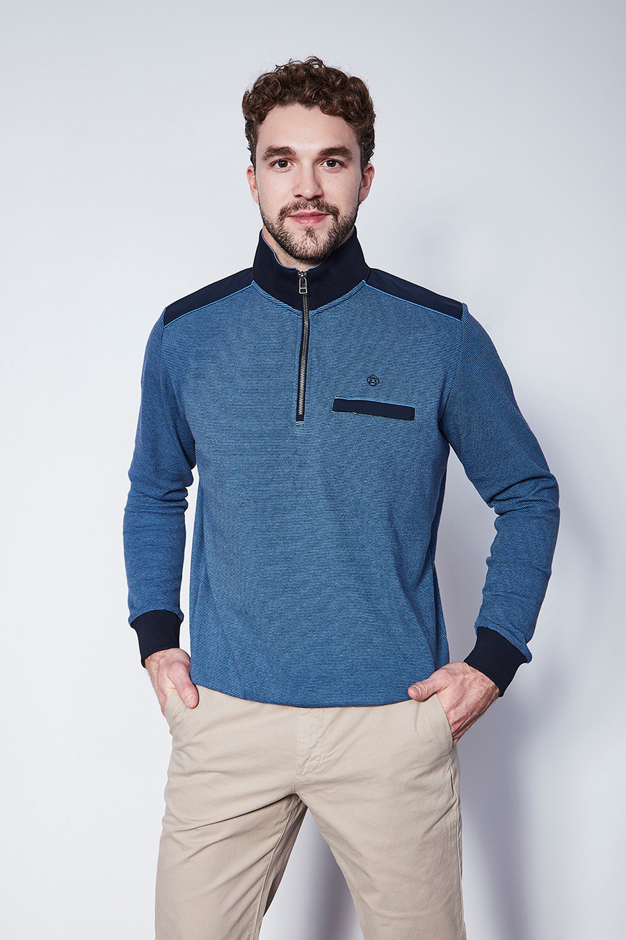 みう②bluelea  Tweed pullover  ブルレア Blue Striped 1/4 Zip - Benjamin's Menswear