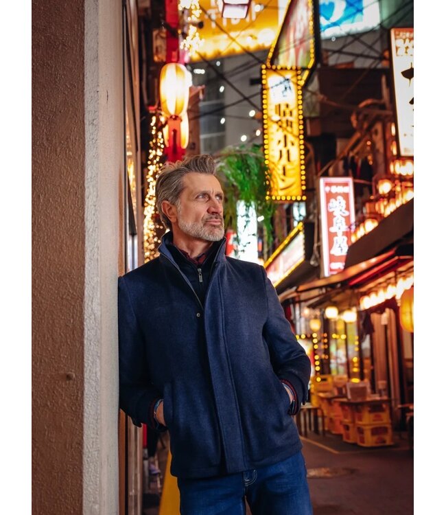 Slim Fit Navy Short Funnel Neck Coat