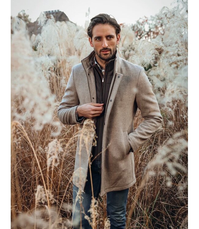 Slim Fit Sand Funnel Neck Coat