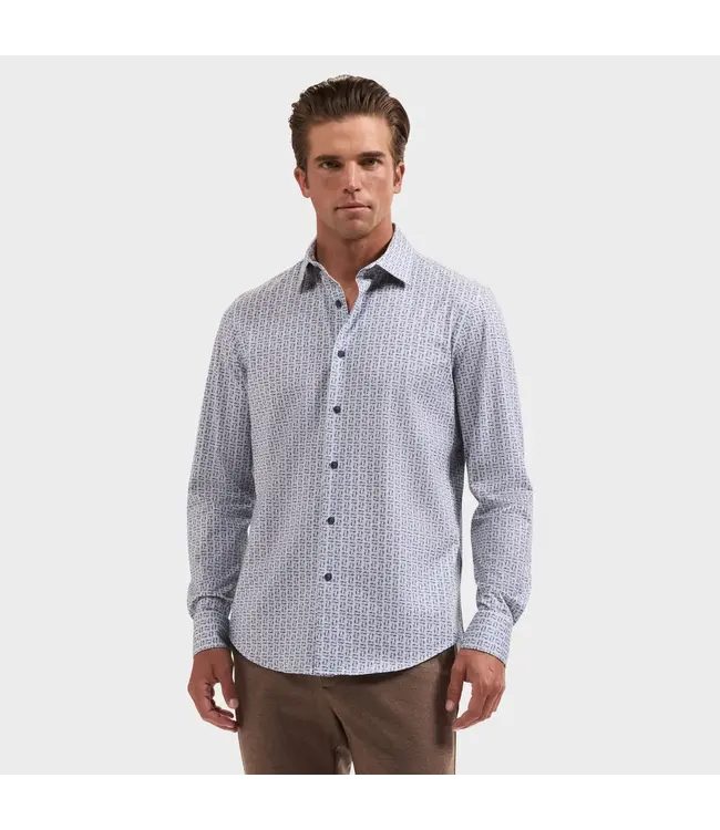 Modern Fit Marine Blue Tan Printed Shirt