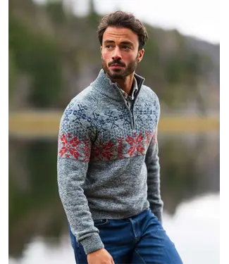 NEW ZEALAND Blue Grey Red Printed 1/4 Zip Sweater