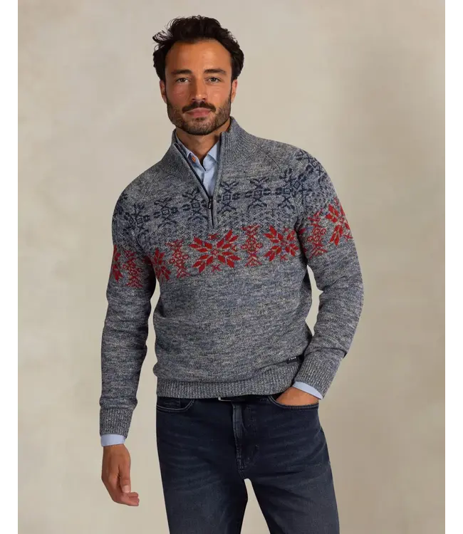 Blue Grey Red Printed 1/4 Zip Sweater