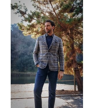 A FISH NAMED FRED Slim Fit Navy Brown Fancy Check Sport Coat