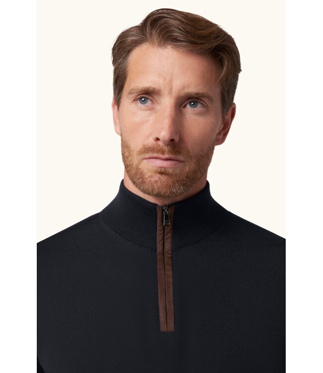 Navy 1/4 Zip with Suede Trim Sweater