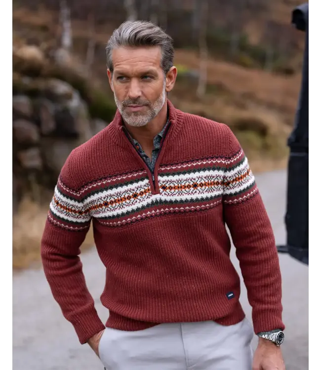 Burnt Red Melange Printed 1/4 Zip Sweater