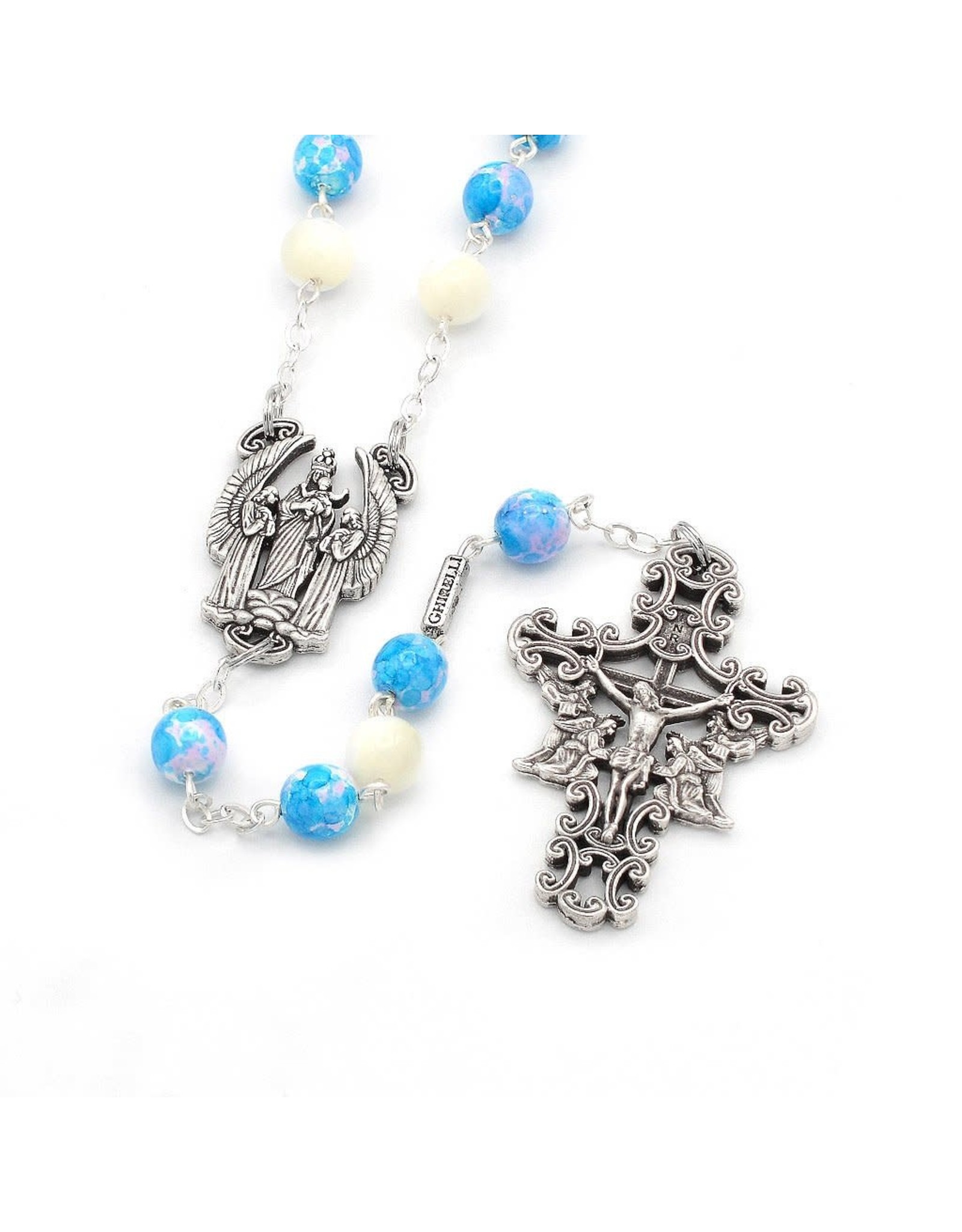 Ghirelli THE HOLY ANGELS ROSARY IN ANTIQUE SILVER WITH GENUINE MOTHER OF PEARL ACCENT BEADS