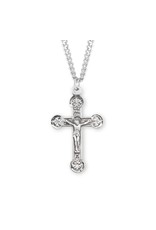 HMH 1 1/2” Sterling Silver Crucifix with Flourette Tips in Antique Satin Finish Hand Engraved on 24” Chain, Boxed