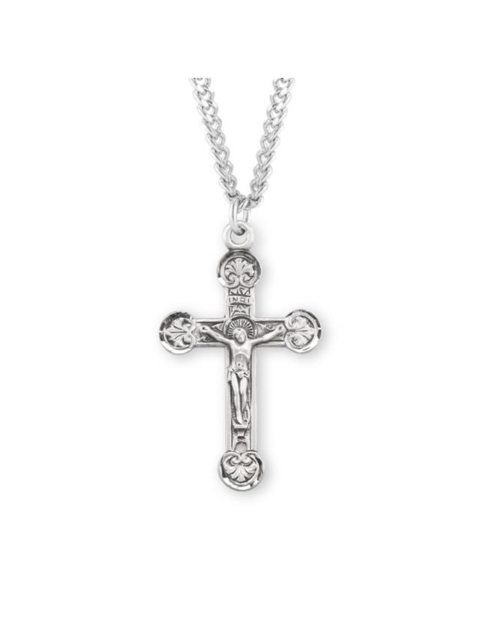 HMH 1 1/2” Sterling Silver Crucifix with Flourette Tips in Antique Satin Finish Hand Engraved on 24” Chain, Boxed