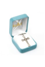 HMH 1 1/2” Sterling Silver Crucifix with Flourette Tips in Antique Satin Finish Hand Engraved on 24” Chain, Boxed