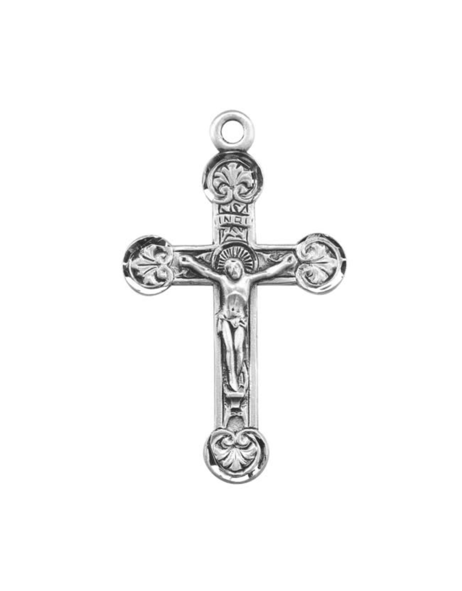 HMH 1 1/2” Sterling Silver Crucifix with Flourette Tips in Antique Satin Finish Hand Engraved on 24” Chain, Boxed