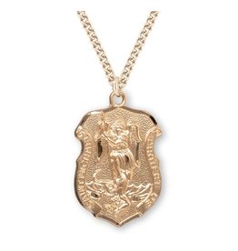 HMH 16 Karat Gold Over Sterling Silver Large St. Michael Shield Medal on 24” Chain, Boxed