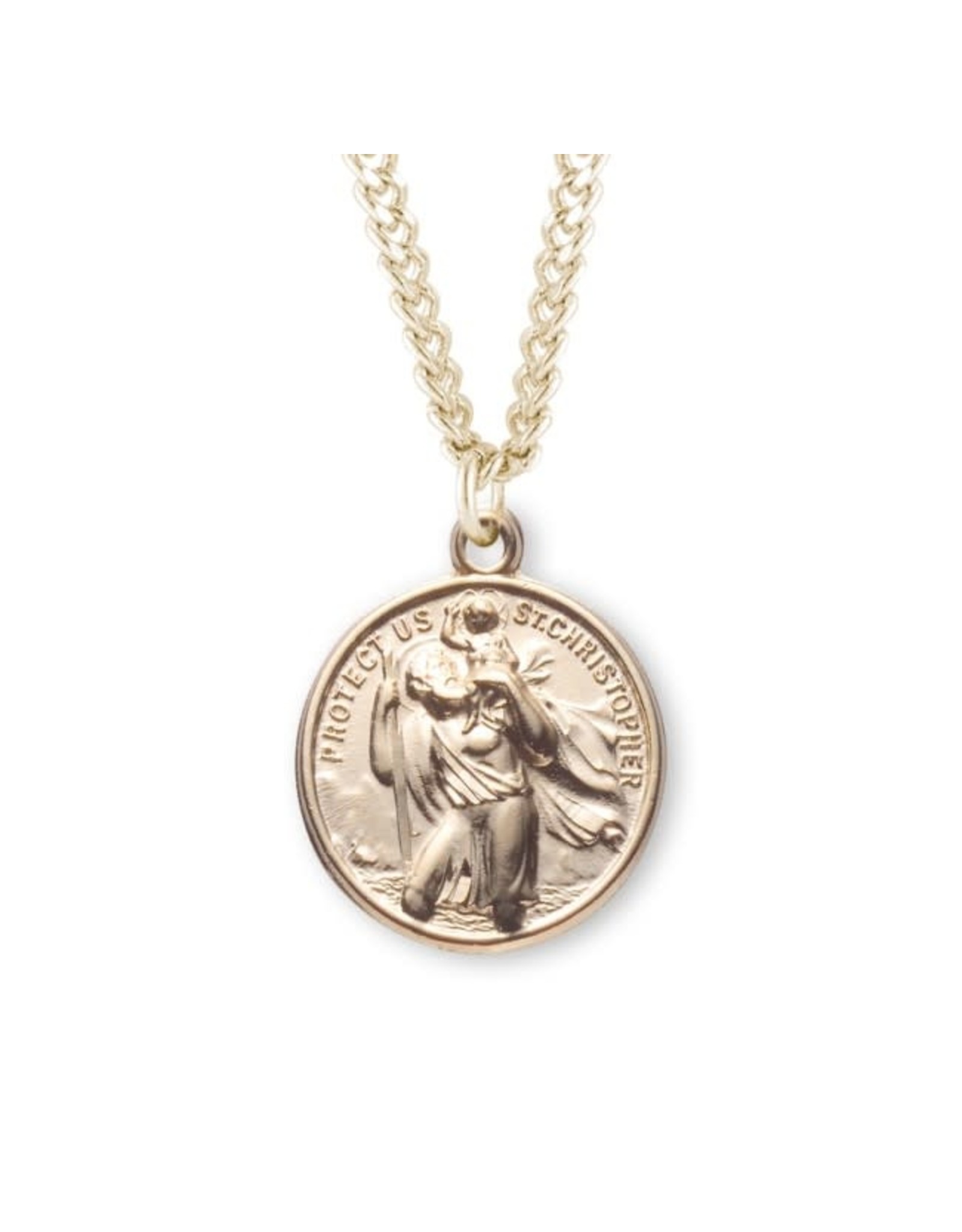 HMH 16 Karat Gold Over Sterling Silver Round St. Christopher/St. Raphael Medal on 24” Chain, Boxed