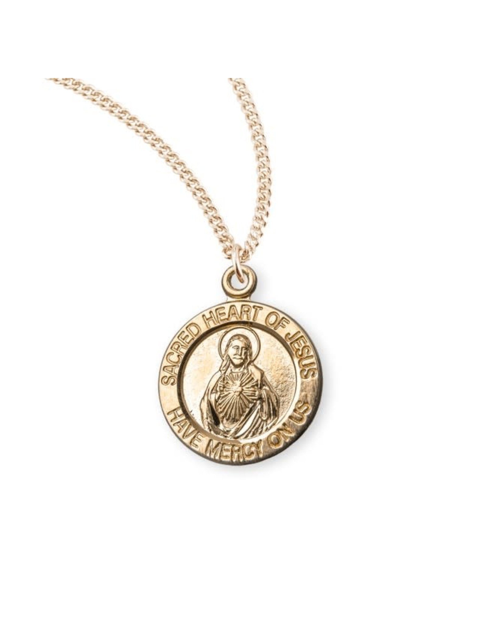 HMH 16 Karat Gold Over Sterling Silver Small Round Sacred Heart of Jesus Medal on 18” Chain, Boxed