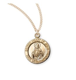 HMH 16 Karat Gold Over Sterling Silver Small Round Sacred Heart of Jesus Medal on 18” Chain, Boxed