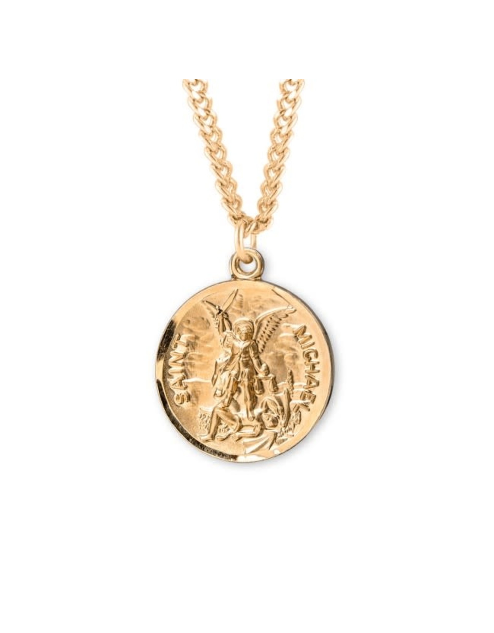 HMH 16 Karat Gold Over Sterling Silver St. Michael Medal with Prayer Back on 24” Chain, Boxed