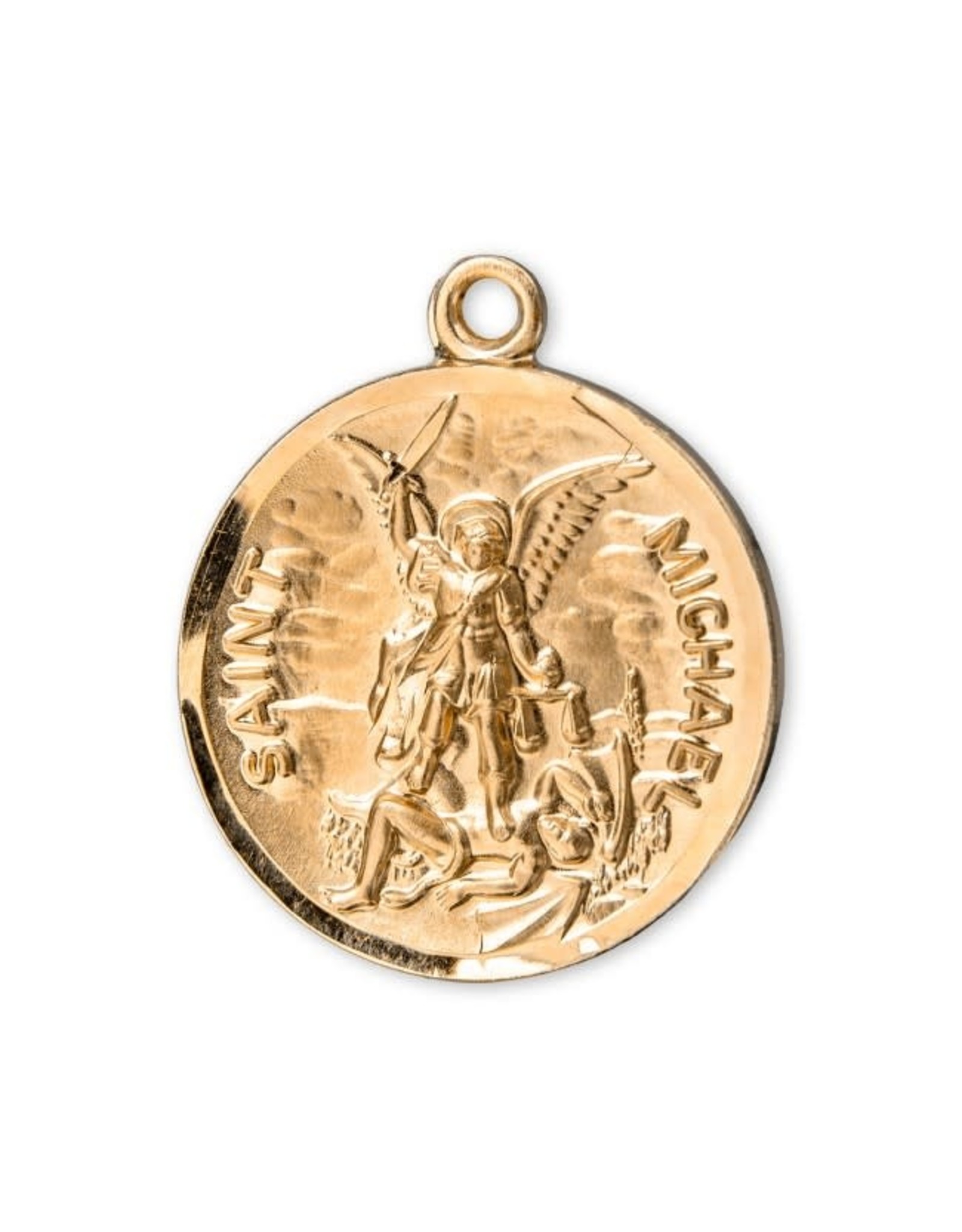 HMH 16 Karat Gold Over Sterling Silver St. Michael Medal with Prayer Back on 24” Chain, Boxed