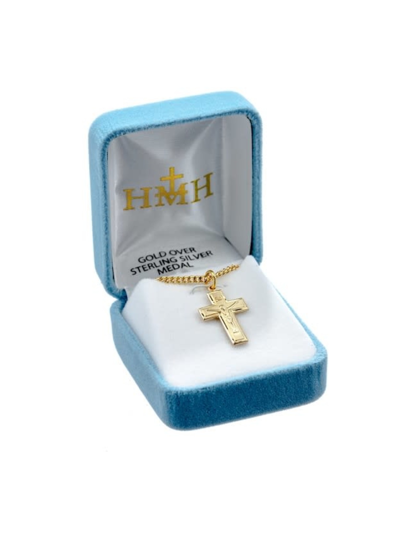 HMH 16 Karat Gold Over Sterling Small Crucifix with Border on 18” Chain, Boxed