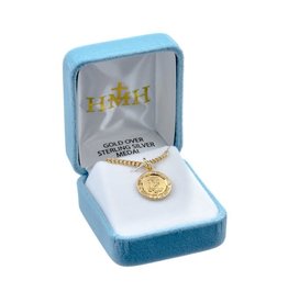 HMH 16 Karat Gold Over Sterling Tiny Round St. Michael Medal on 18” Chain, Boxed