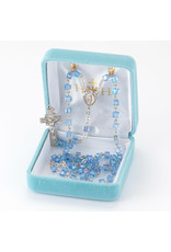 HMH 4mm Aqua Color Faceted Cube Shaped Glass Beaded Rosary with Solid Sterling Silver Crucifix and Center, 20”, Boxed