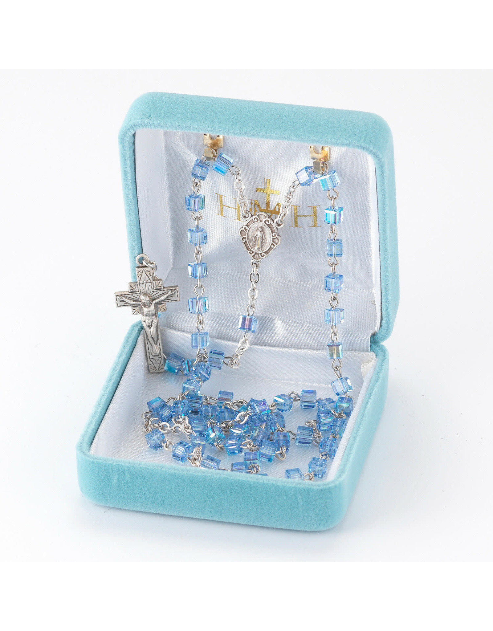 HMH 4mm Aqua Color Faceted Cube Shaped Glass Beaded Rosary with Solid Sterling Silver Crucifix and Center, 20”, Boxed