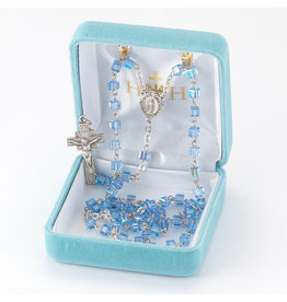 HMH 4mm Aqua Color Faceted Cube Shaped Glass Beaded Rosary with Solid Sterling Silver Crucifix and Center, 20”, Boxed