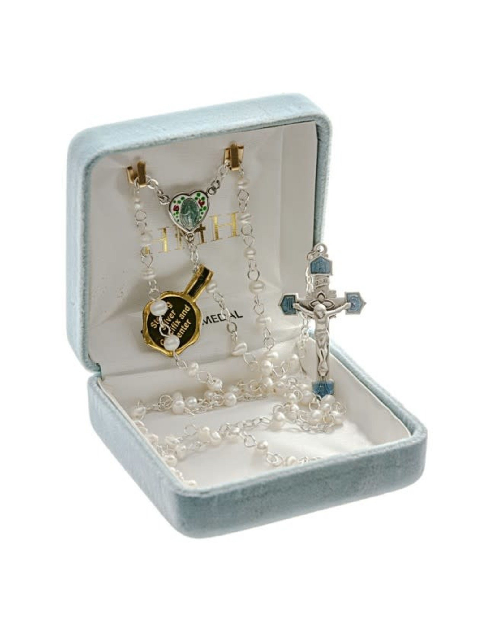 HMH 4mm Freshwater Pearl Rosary with Sterling Silver Flower Heart Enameled Center and Crucifix, Boxed
