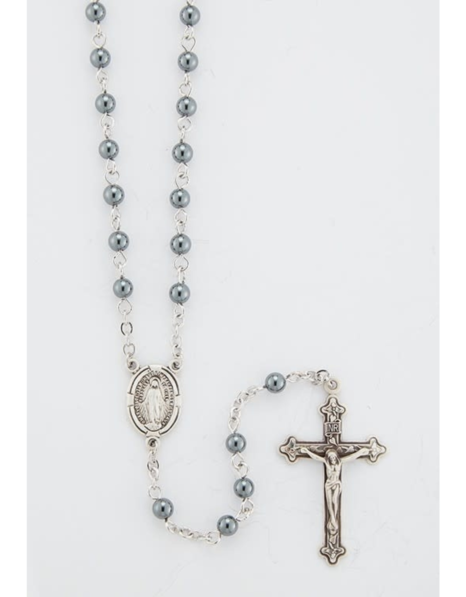 HMH 4mm Hematite Rosary with Sterling Silver Center and Crucifix, Boxed