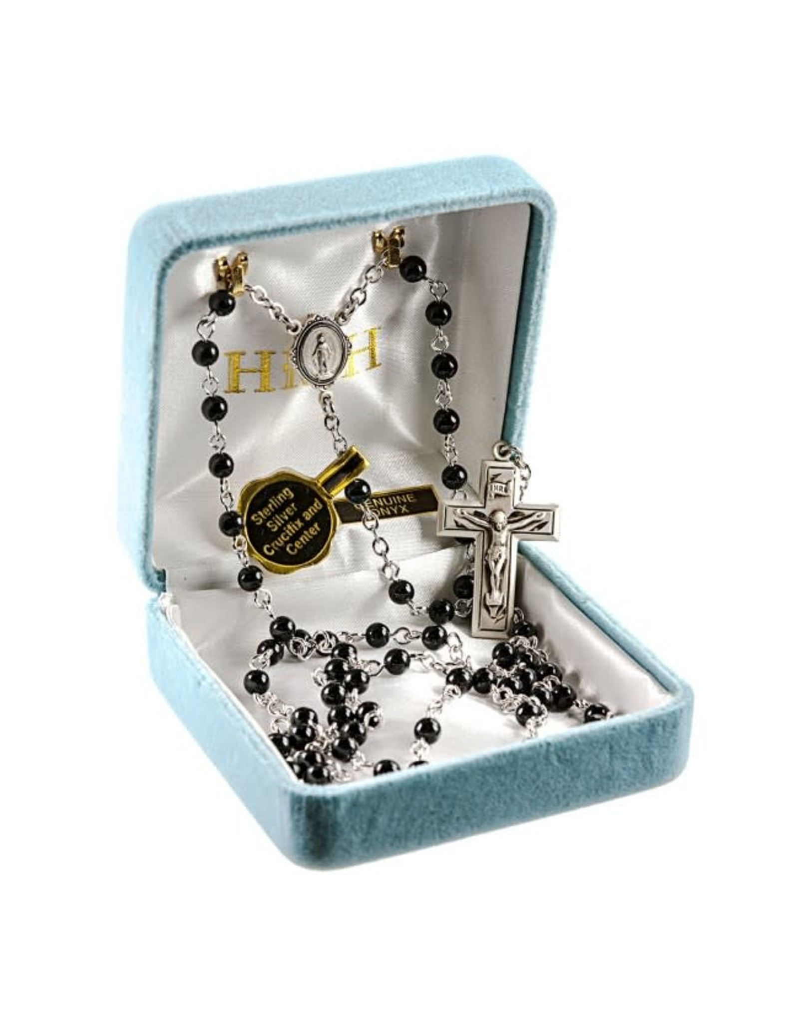 HMH 4mm Onyx Rosary with Sterling Silver Center and Crucifix, Boxed