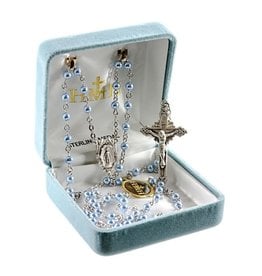 HMH 4mm Swarovski Blue Pearl Rosary with Sterling Silver Center and Crucifix, Boxed
