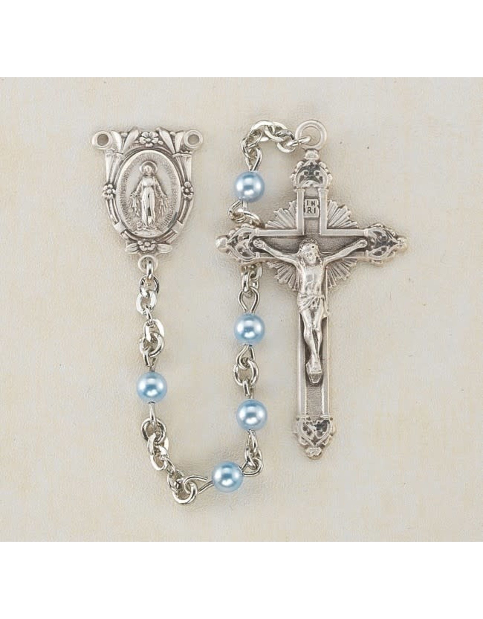 HMH 4mm Swarovski Blue Pearl Rosary with Sterling Silver Center and Crucifix, Boxed