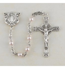 HMH 4mm Swarovski Pink Pearl Rosary with Sterling Silver Center and Crucifix, Boxed