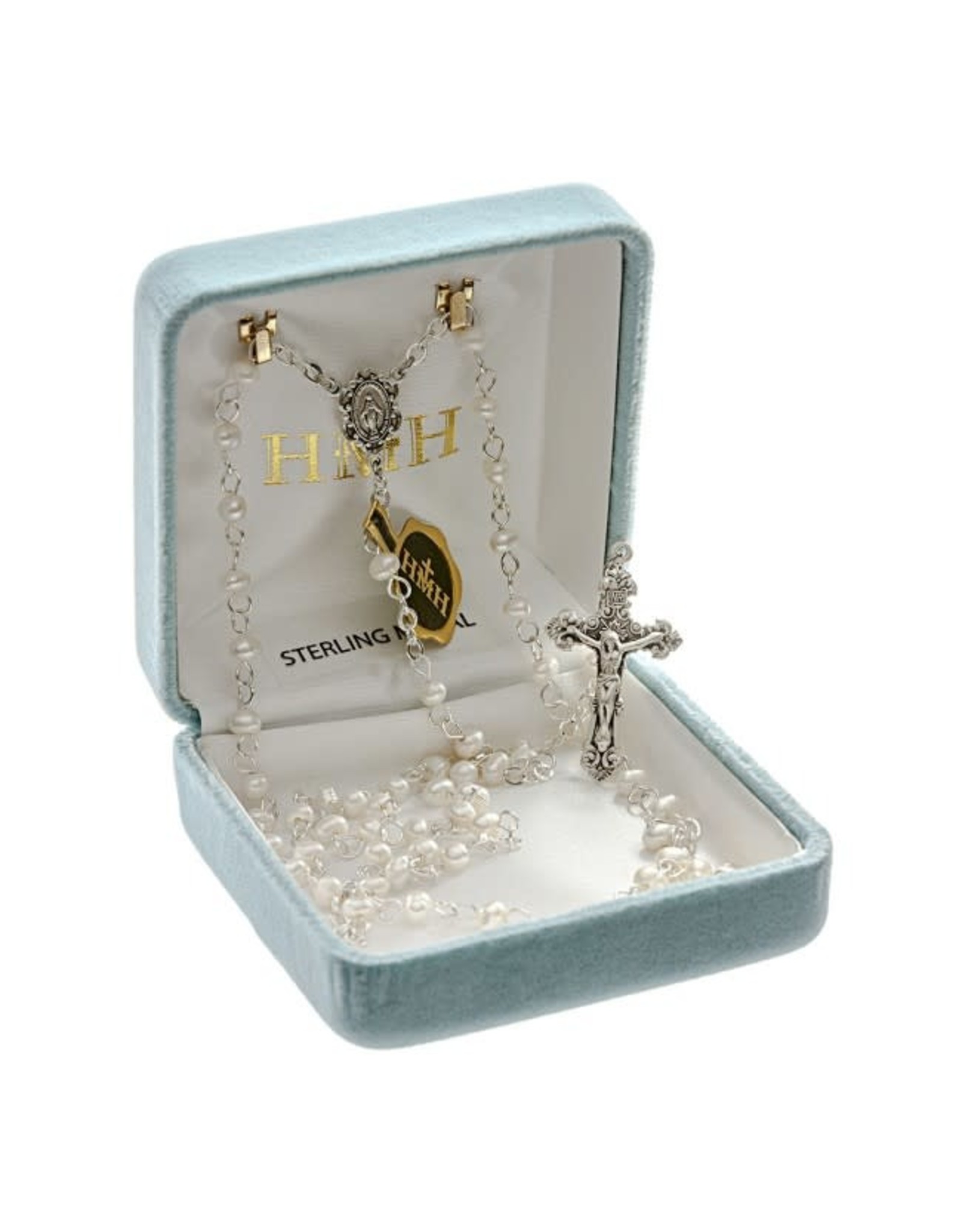 HMH 4mm White Freshwater Pearl Rosary with Sterling Silver Center and Crucifix, Boxed