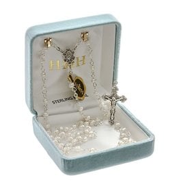 HMH 4mm White Freshwater Pearl Rosary with Sterling Silver Center and Crucifix, Boxed