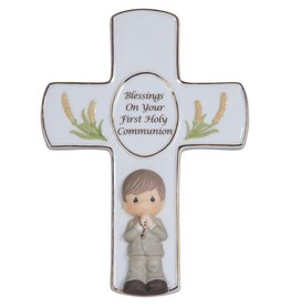 Precious Moments Blessings On Your First Holy Communion, Bisque Porcelain Cross With Stand, Boy