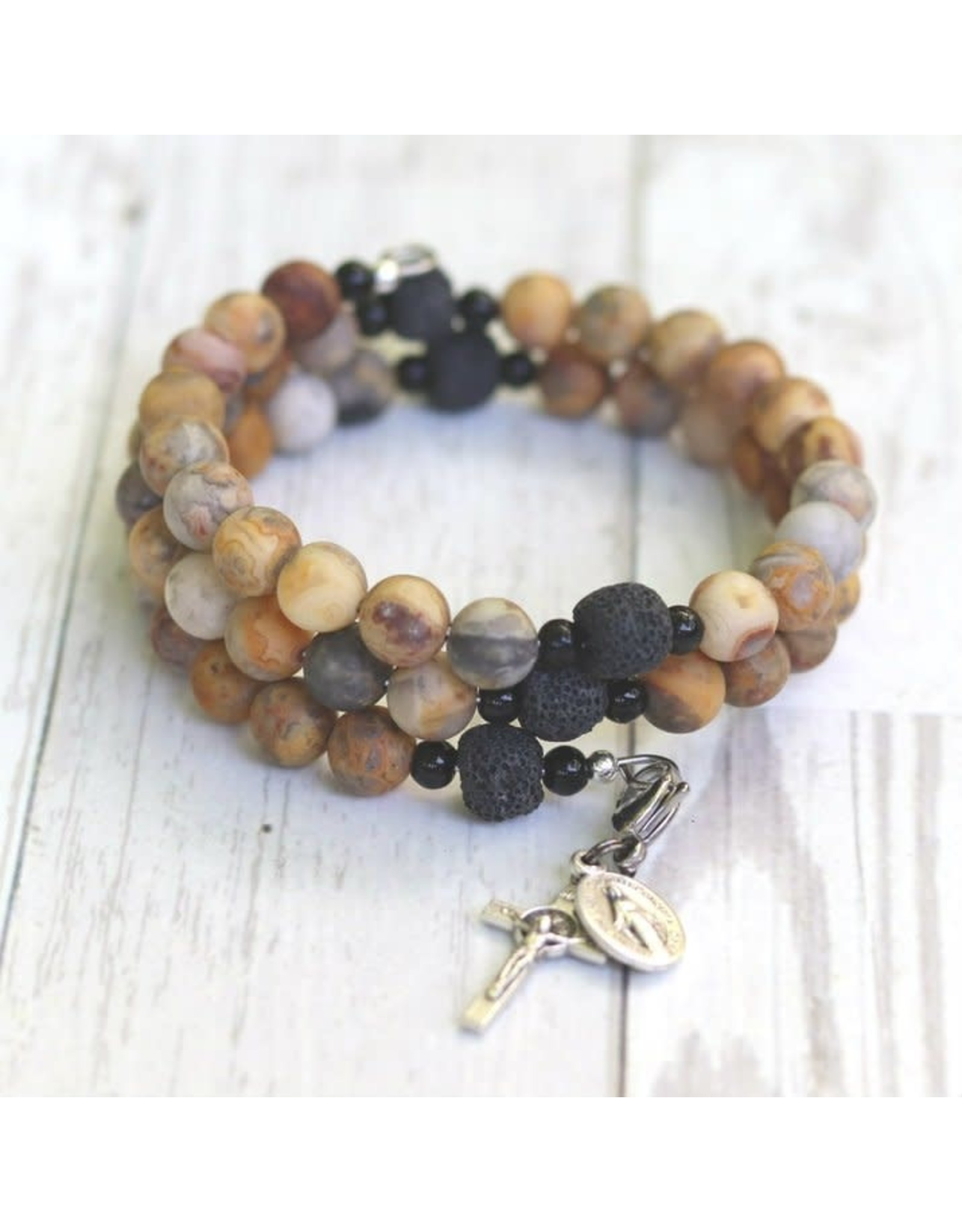 Chews Life Our Lady of Kibeho | Matte Crazy Lace Agate with Essential Oil Diffuser Beads | Chews Life Rosary Wrap Bracelet with Prayer Bookmark Movable Charm